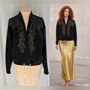 Vintage Black Lambswool Angora Embroidered Cardigan - M